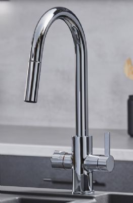 EVO PLATINUM/450 SERIES 4 IN 1 CHROME BOILING WATER MONO DUAL LEVER SWAN NECK PULL-OUT KITCHEN SINK MIXER TAP with SWIVEL SPOUT, BWT451CP